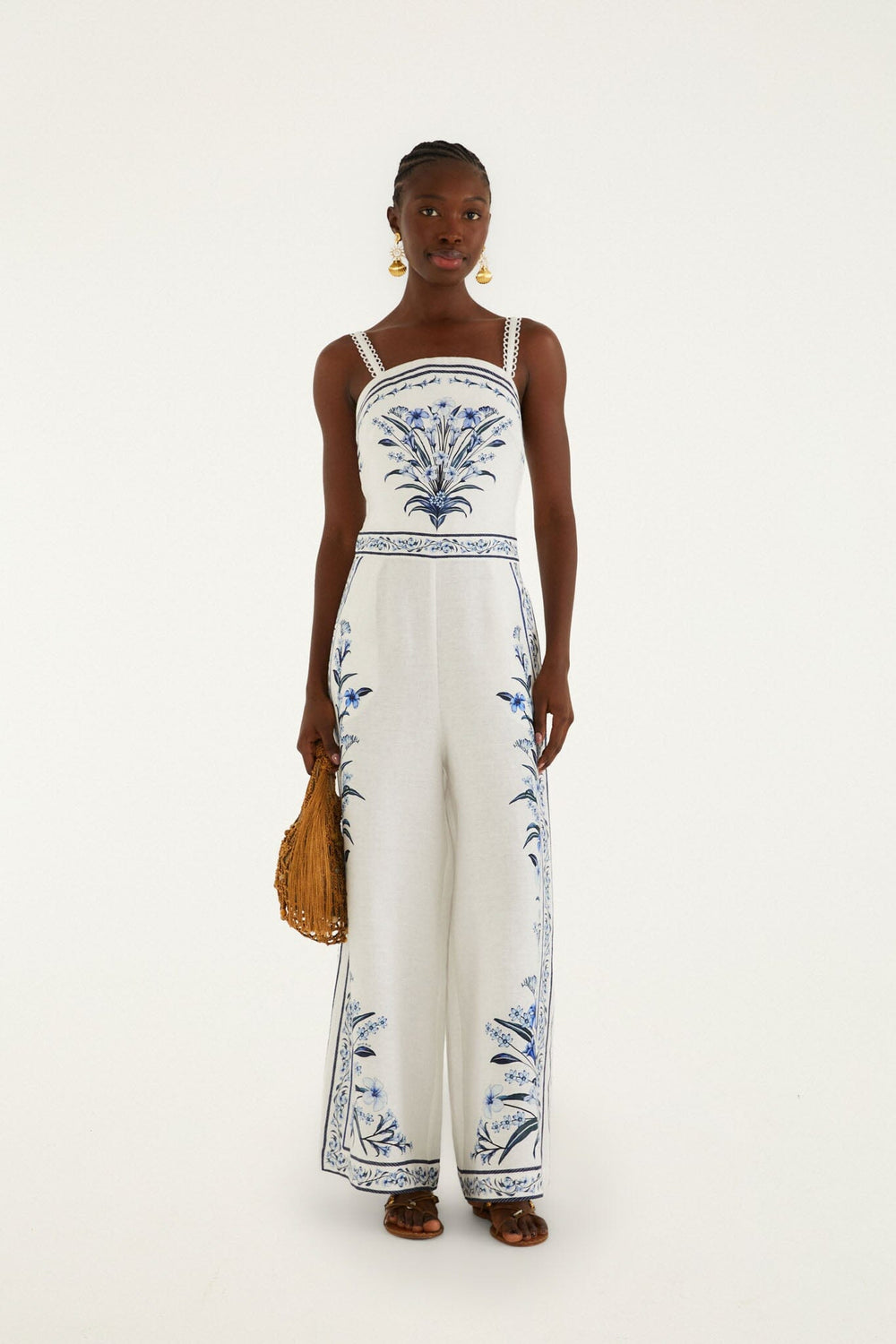 Off-White Flowers Arch Euroflax Premium Linen Maxi Jumpsuit - FARM Rio FLOWERS ARCH OFF-WHITE