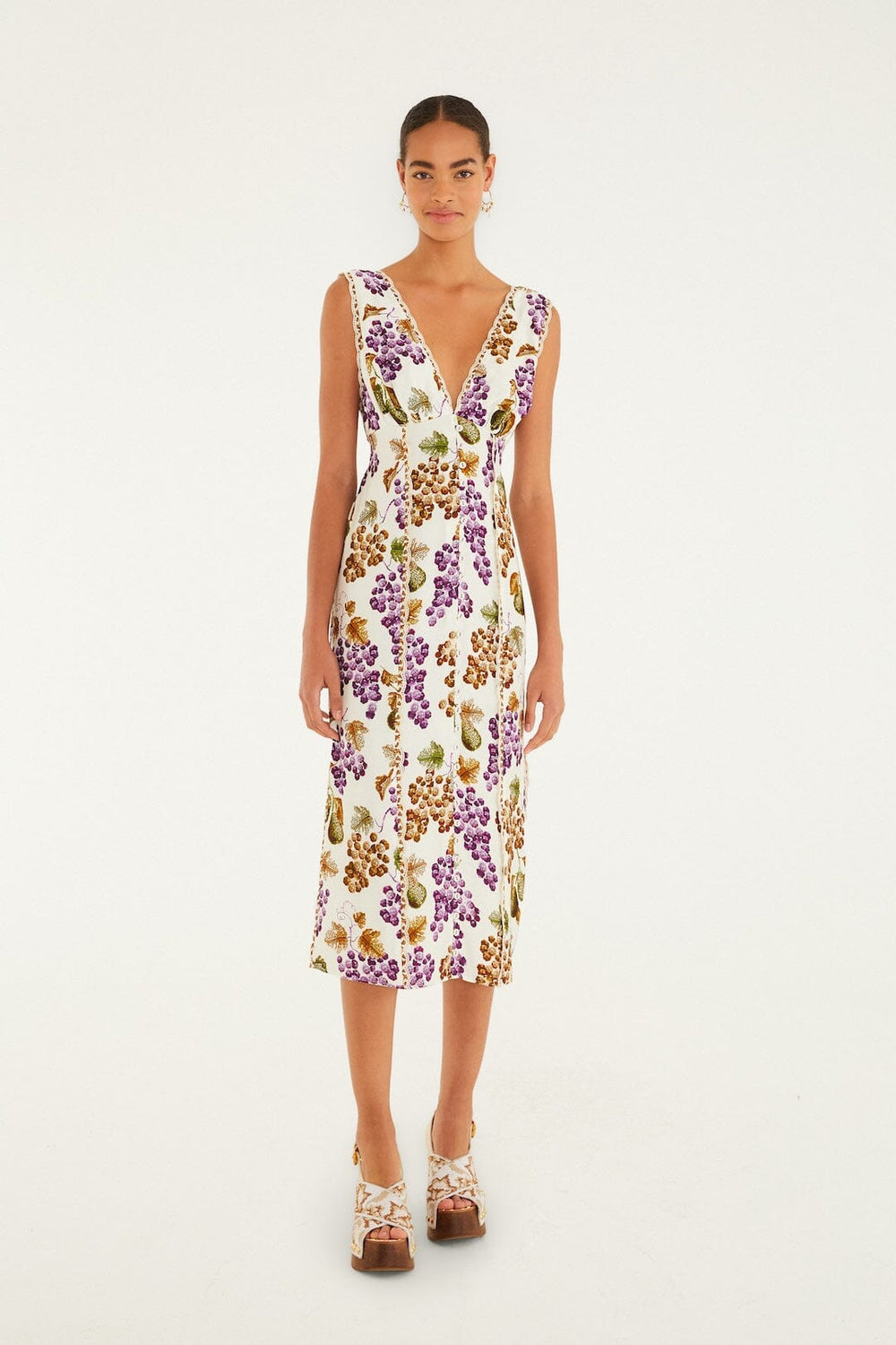 Cream Grape Garden Lenzing Ecovero Viscose Midi Dress - FARM Rio GRAPE GARDEN CREAM