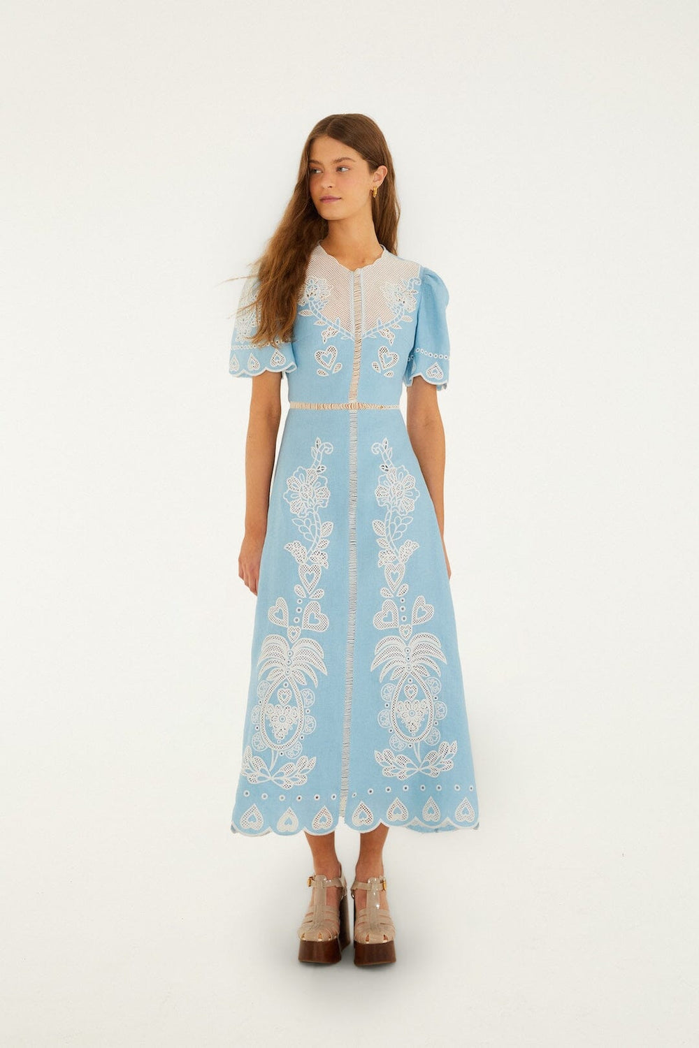 Light Blue Embroidered Euroflax Premium Linene Midi Dress - FARM Rio BLUE