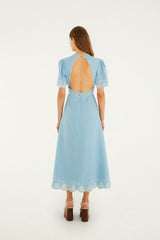 Light Blue Embroidered Euroflax Premium Linene Midi Dress - FARM Rio BLUE