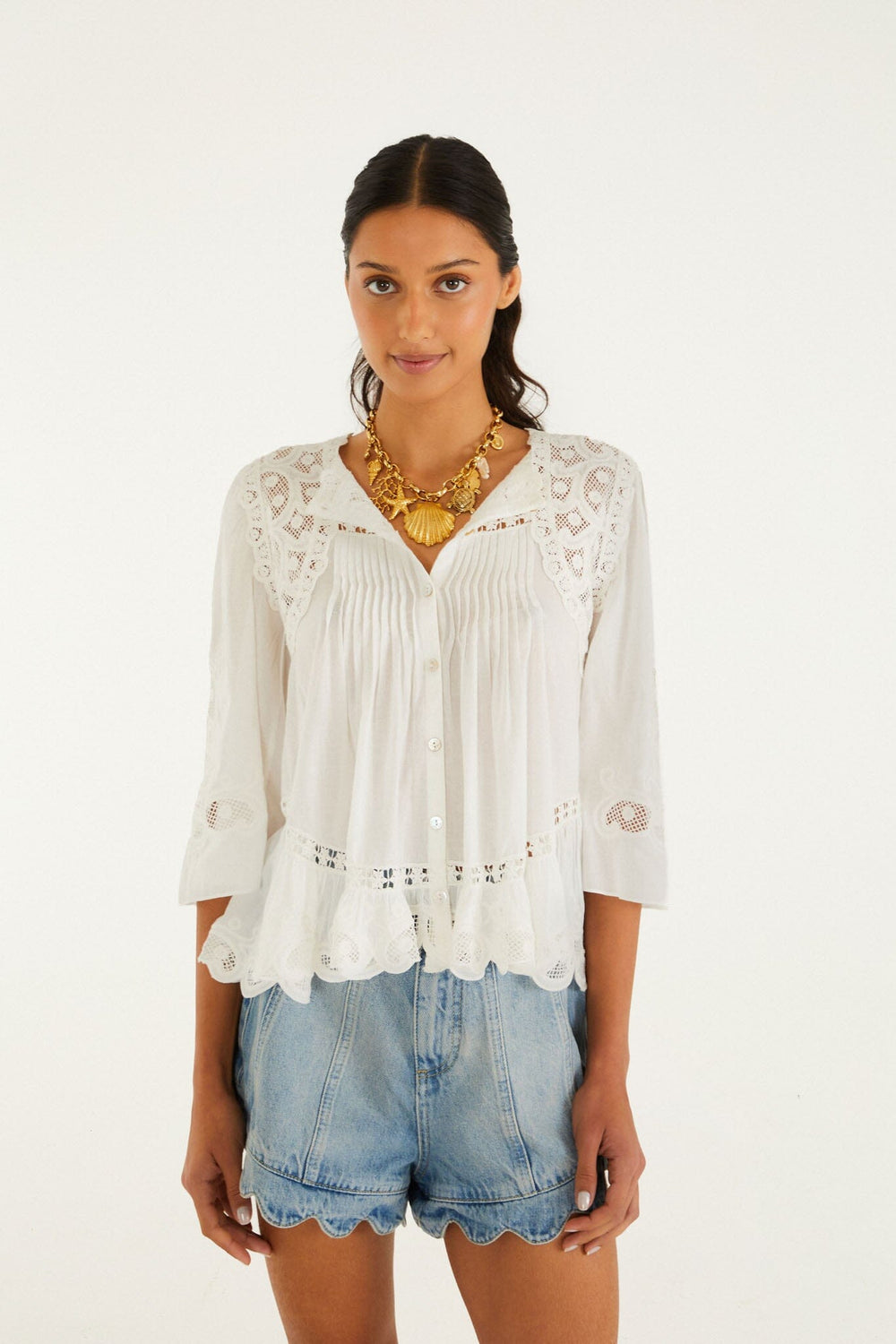 Off-White Richelieu Short Sleeve Blouse - FARM Rio OFF-WHITE