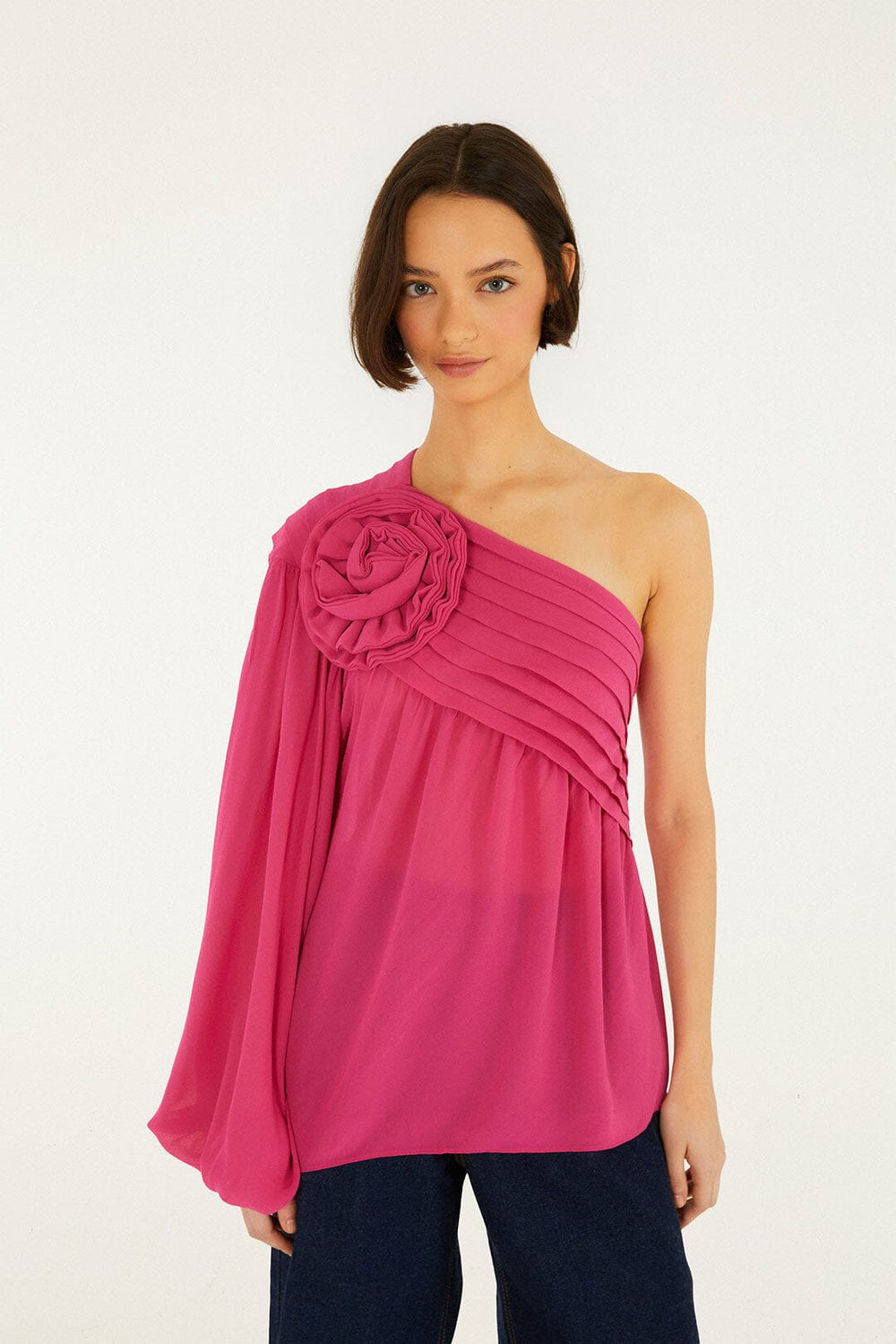Pink 3d Rose One-Shoulder Blouse - FARM Rio PINK