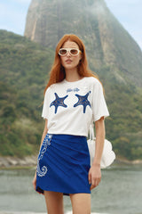 Blue Seahorse Embroidery Euroflax Premium Linen Mini Skirt - FARM Rio BLUE