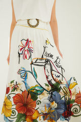 Off-White Tropi Embroidered Euroflax Premium Linen Maxi Skirt - FARM Rio TROPI OFF-WHITE
