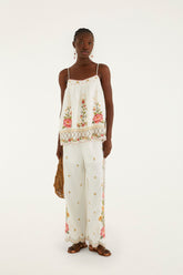 Off-White Flower Embroidery Wide-Leg Pants - FARM Rio OFF-WHITE