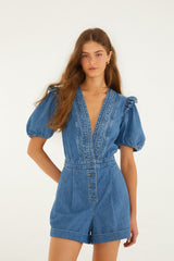 Denim Ruffled Puff Sleeve Romper - FARM Rio DENIM