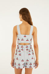 Embroidered Cherry Denim Romper - FARM Rio DENIM
