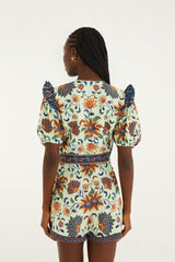 Light Green Floral Delhi Tapestry Belted Organic Cotton Romper - FARM Rio FLORAL DELHI TAPESTRY LIGHT GREEN