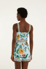 Light Blue Floral Delhi Euroflax Premium Linen Romper - FARM Rio FLORAL DELHI LIGHT BLUE