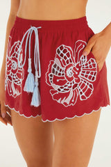 Red Embroidered Shorts - FARM Rio POPPY FLOWERS