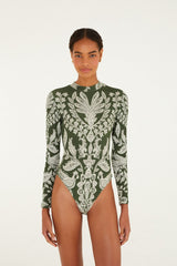 Dark Green Miranda Long Sleeve Bodysuit - FARM Rio MIRANDA DARK GREEN