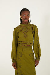 Green Majestic Garden Euroflax Premium Linen Richelieu Blouse - FARM Rio GREEN