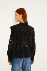 Black Richelieu Puff Sleeve Organic Cotton Blouse - FARM Rio BLACK