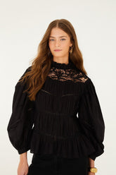 Black Lace Puff Sleeve Blouse - FARM Rio BLACK
