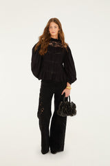 Black Lace Puff Sleeve Blouse - FARM Rio BLACK
