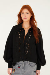 Black Embroidered Buttoned Puff Sleeve Shirt - FARM Rio BLACK