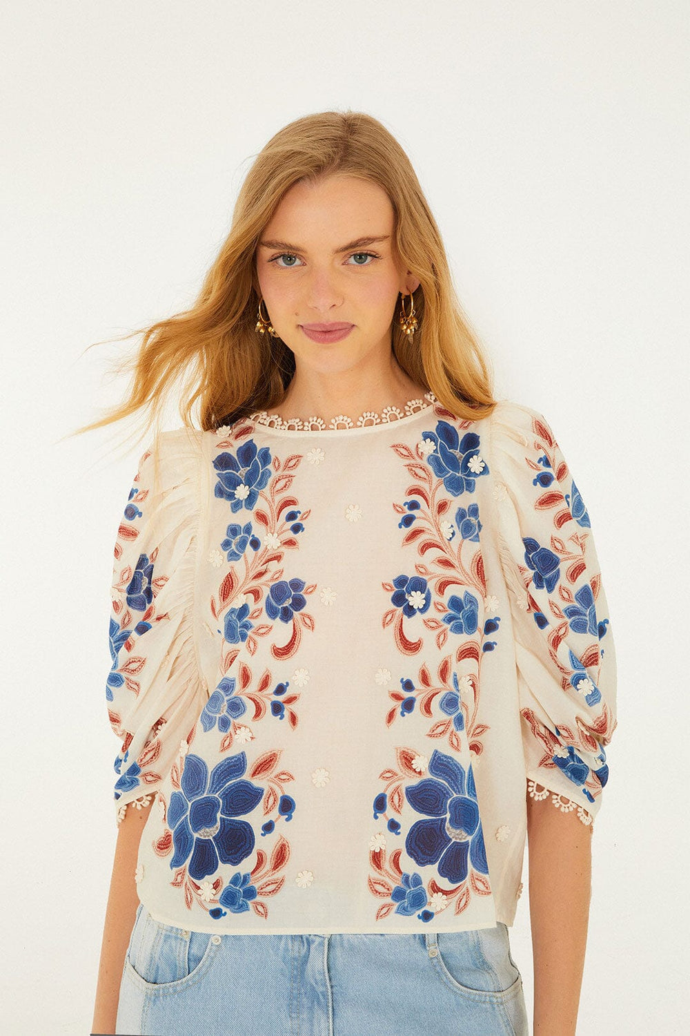 Sand Renata Floral 3d Puff Sleeve Blouse - FARM Rio RENATA FLORAL SAND