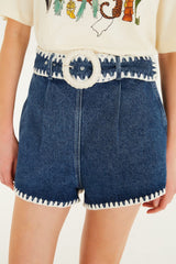 Denim Crochet Embroidery Belted Shorts - FARM Rio DENIM