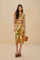 Sand Foliage Sketch LENZING™ ECOVERO™ Euroflax™ Midi Skirt - FARM Rio FOLIAGE SKETCH SAND
