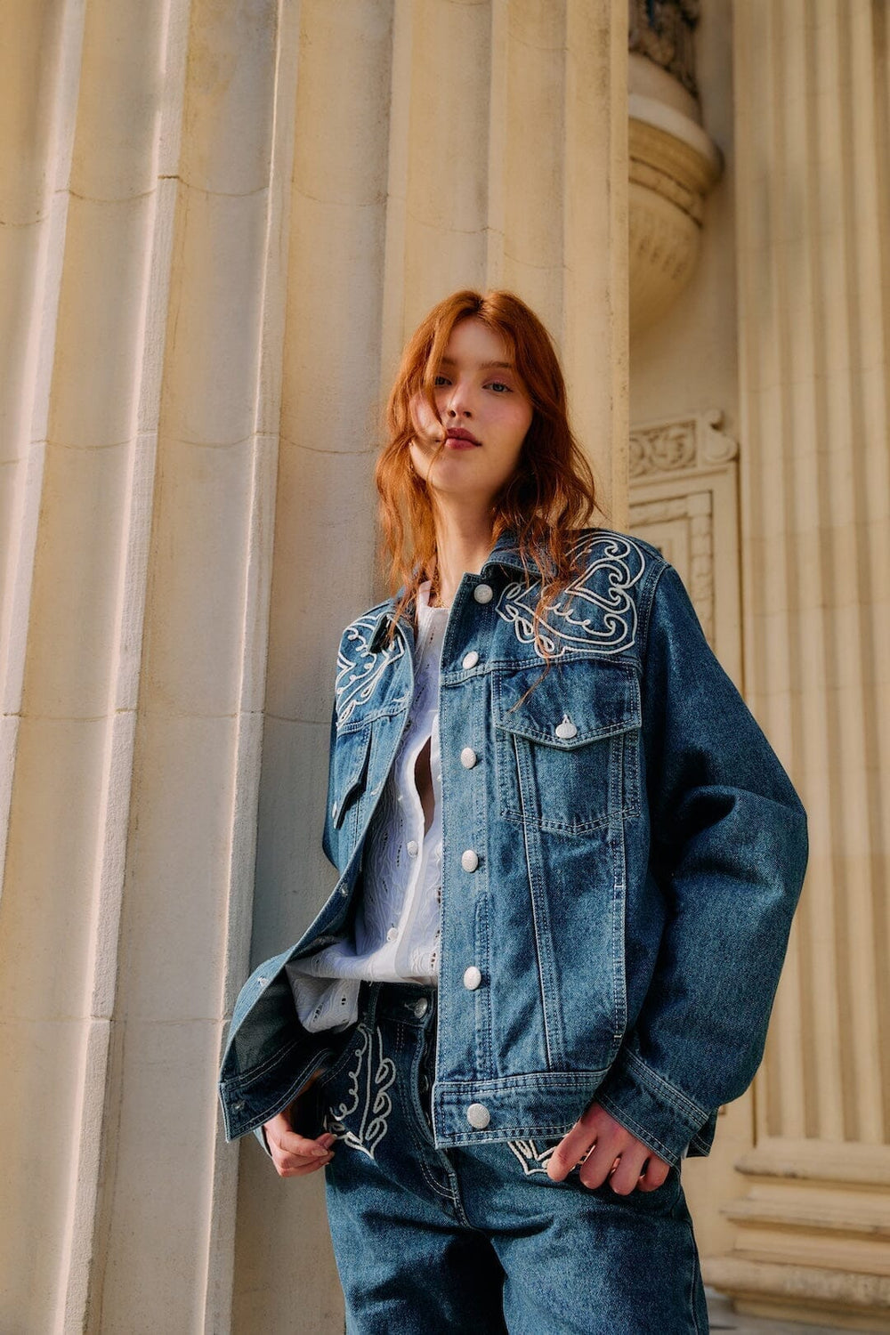 Denim Cornely Buttoned Embroidered Jacket - FARM Rio DENIM
