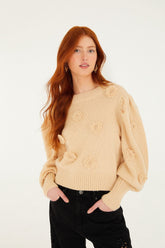 Sand Crochet 3d Flower Dropped Shoulder Knit Sweater - FARM Rio SAND