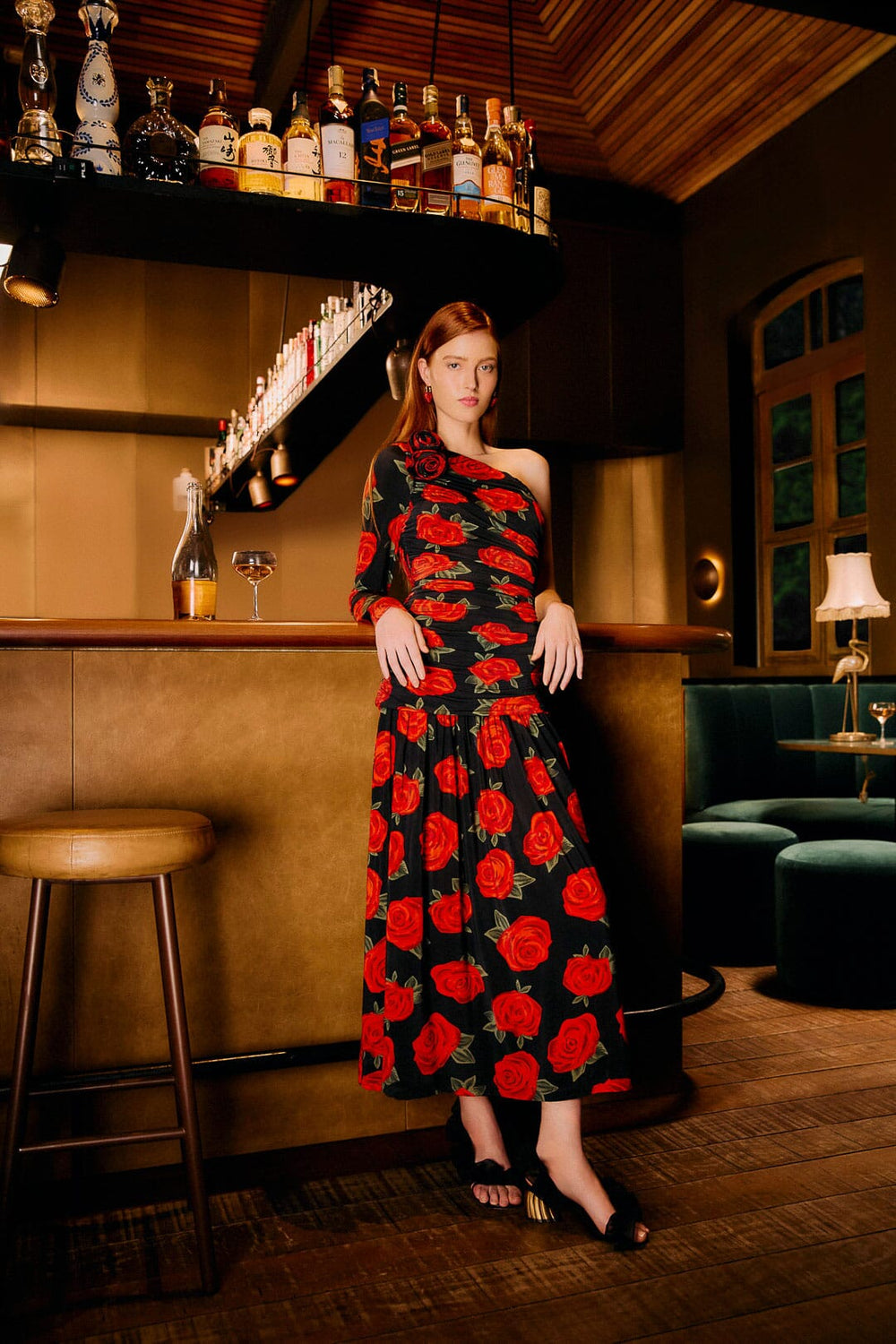 Black Latin Roses 3d Flower One-Shoulder Draped Maxi Dress - FARM Rio LATIN ROSES BLACK