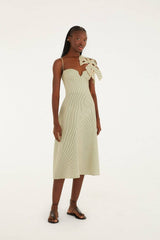 Green Striped 3d Monstera Leaf Euroflax Premium Linen Midi Dress - FARM Rio GREEN