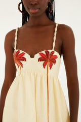 Off-White Coconut Tree Embroidered Euroflax Premium Linen Mini Dress - FARM Rio SAND