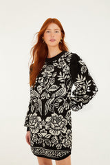 Black And White Cashew And Birds Knit Mini Dress - FARM Rio CASHEW AND BIRDS BLACK