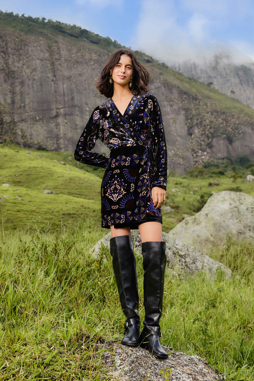 Black Arabesque Mix Scarves Wrap Mini Dress - FARM Rio ARABESQUE MIX SCARVES BLACK