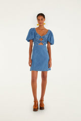 Denim Wavy Cut-Out Puff Sleeve Mini Dress - FARM Rio DENIM