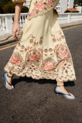 Butter Yellow Embroidered Lenzing Ecovero Euroflax Midi Dress - FARM Rio FLOWER POETRY SAND