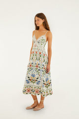 Off-White Stitched Garden Euroflax Premium Linen Midi Dress - FARM Rio STITCHED GARDEN OFF-WHITE