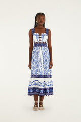 Off-White Porcelain Garden Cut-Out Lenzing Ecovero Euroflax Midi Dress - FARM Rio PORCELAIN GARDEN OFF-WHITE