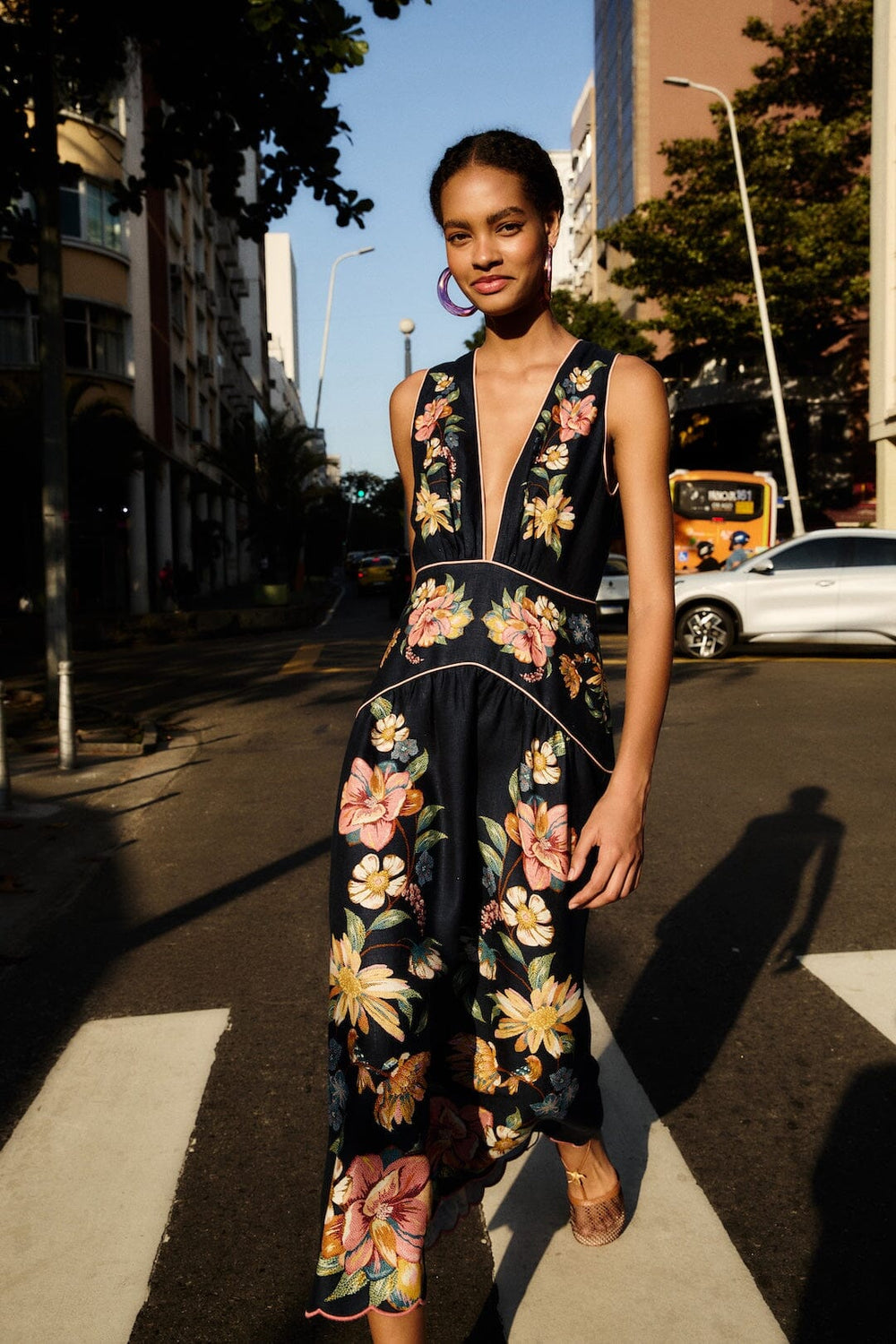Dark Blue Maira Floral Euroflax Premium Linen Midi Dress - FARM Rio MAIRA FLORAL DARK BLUE