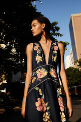 Dark Blue Maira Floral Euroflax Premium Linen Midi Dress - FARM Rio MAIRA FLORAL DARK BLUE