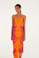 Pinke Cutwork Euroflax Premium Linen Midi Dress - FARM Rio PINK AND ORANGE