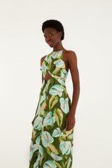 Green Anthurium Leaves Cut-Out Euroflax Premium Linen Midi Dress - FARM Rio ANTURIUM LEAVES GREEN