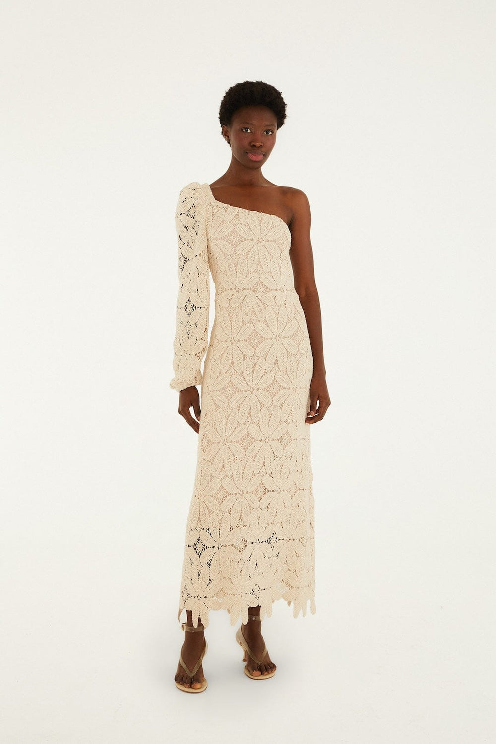 Off-White One-Shoulder Crochet Flower Maxi Dress - FARM Rio OFF-WHITE