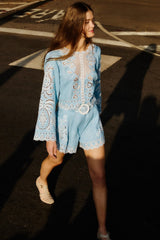 Light Blue Romantic Richelieu Euroflax Premium Linen Blouse - FARM Rio BLUE