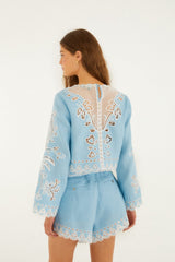 Light Blue Romantic Richelieu Euroflax Premium Linen Blouse - FARM Rio BLUE