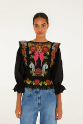 Black Mujeres Y Flores Embroidered Organic Cotton Richelieu Blouse - FARM Rio BLACK