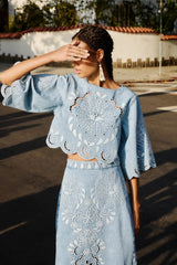 Denim Richelieu Kimono Sleeves Cropped Blouse - FARM Rio DENIM