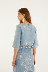 Denim Richelieu Kimono Sleeves Cropped Blouse - FARM Rio DENIM