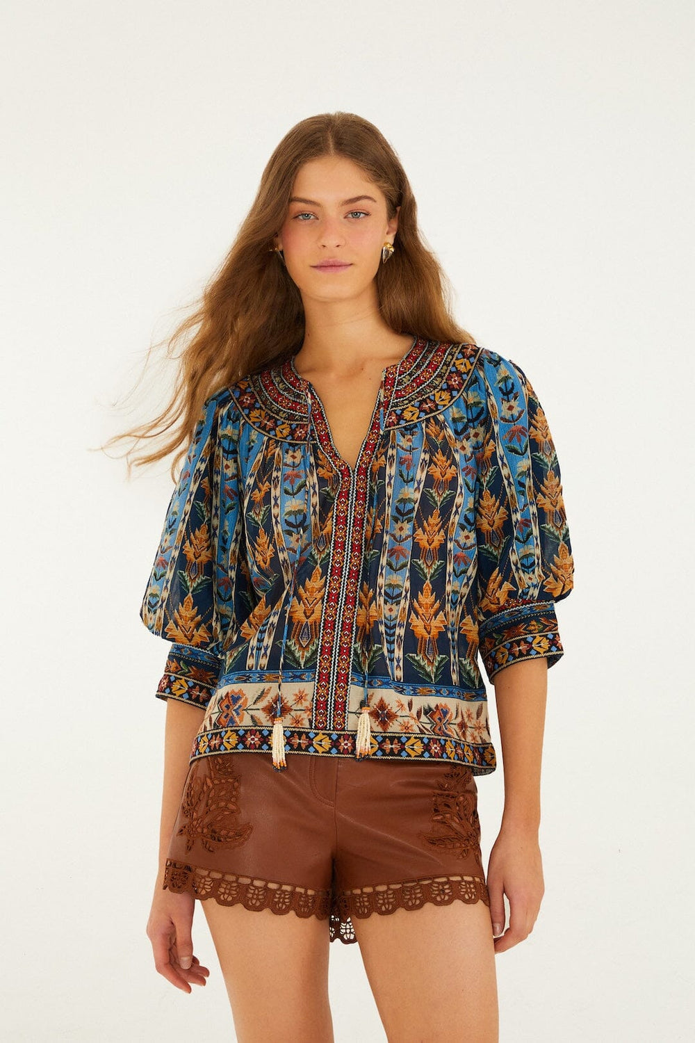 Blue Embroidered Tapestry Tassels Puff Sleeve Blouse - FARM Rio EMBROIDERED TAPESTRY BLUE