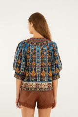 Blue Embroidered Tapestry Tassels Puff Sleeve Blouse - FARM Rio EMBROIDERED TAPESTRY BLUE