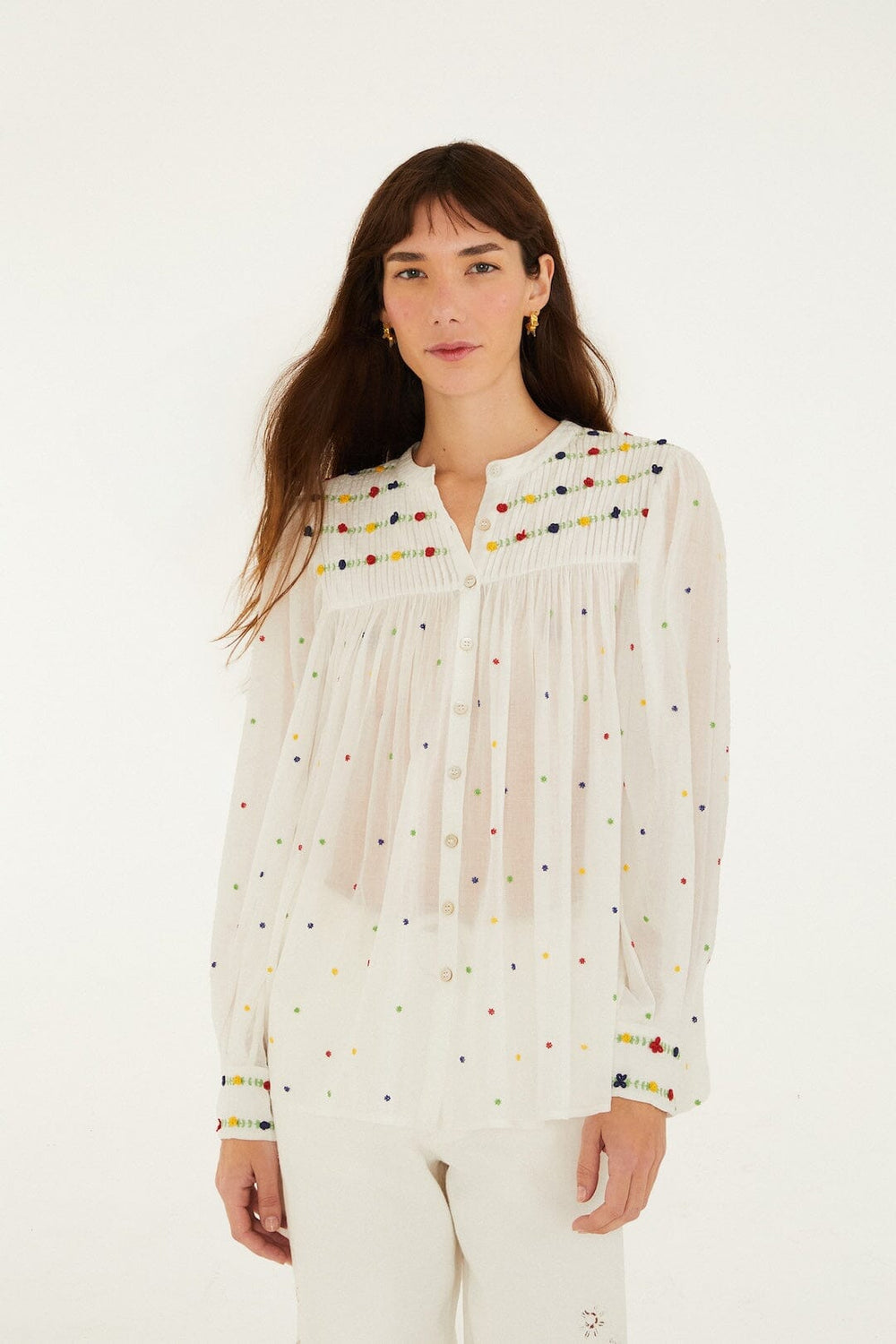 Off-White Embroidered Beads Organic Cotton Long Sleeve Blouse - FARM Rio OFF-WHITE