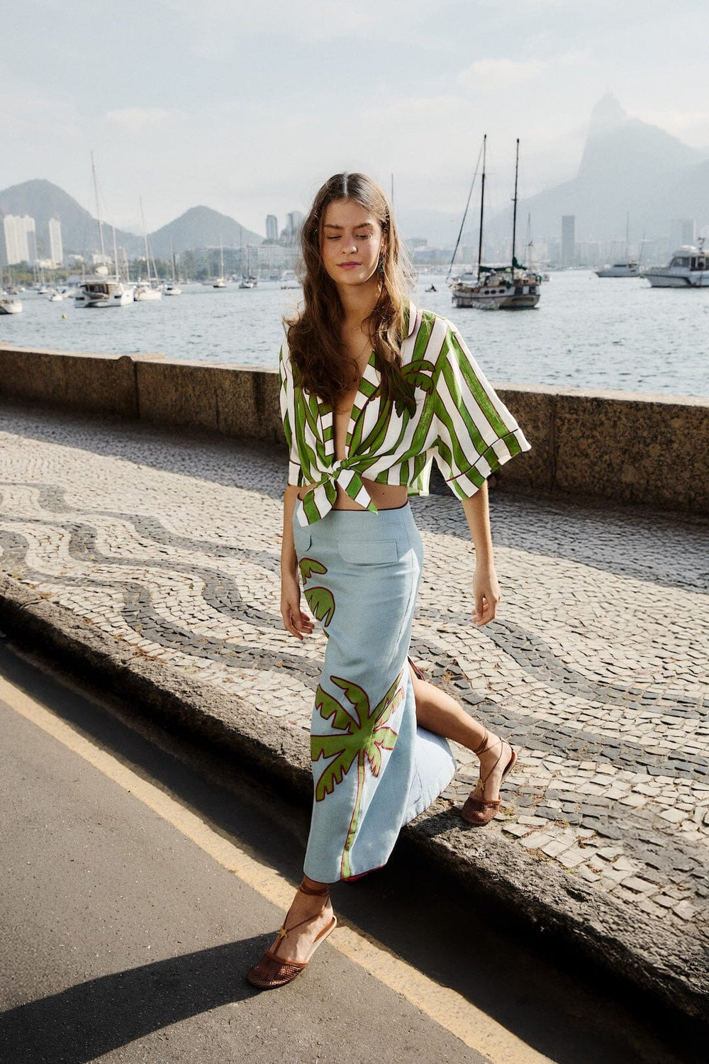 Blue Embroidered Palm Tree Euroflax Premium Linen Maxi Skirt - FARM Rio BLUE