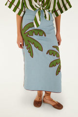 Blue Embroidered Palm Tree Euroflax Premium Linen Maxi Skirt - FARM Rio BLUE
