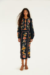 Dark Blue Maira Floral Euroflax Premium Linen Midi Skirt - FARM Rio MAIRA FLORAL DARK BLUE